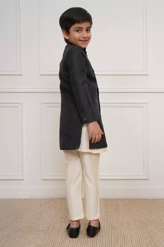 boys black jacquard silk blend indo western kurta set