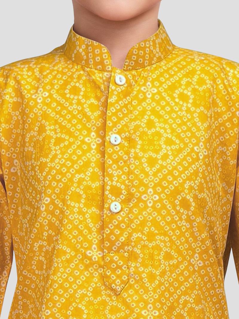 boys yellow cotton cambric bandhani screen print kurta pyjama set