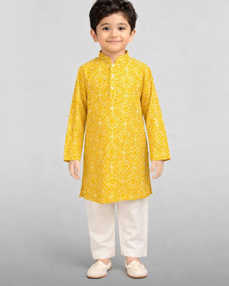 boys yellow cotton cambric bandhani screen print kurta pyjama set
