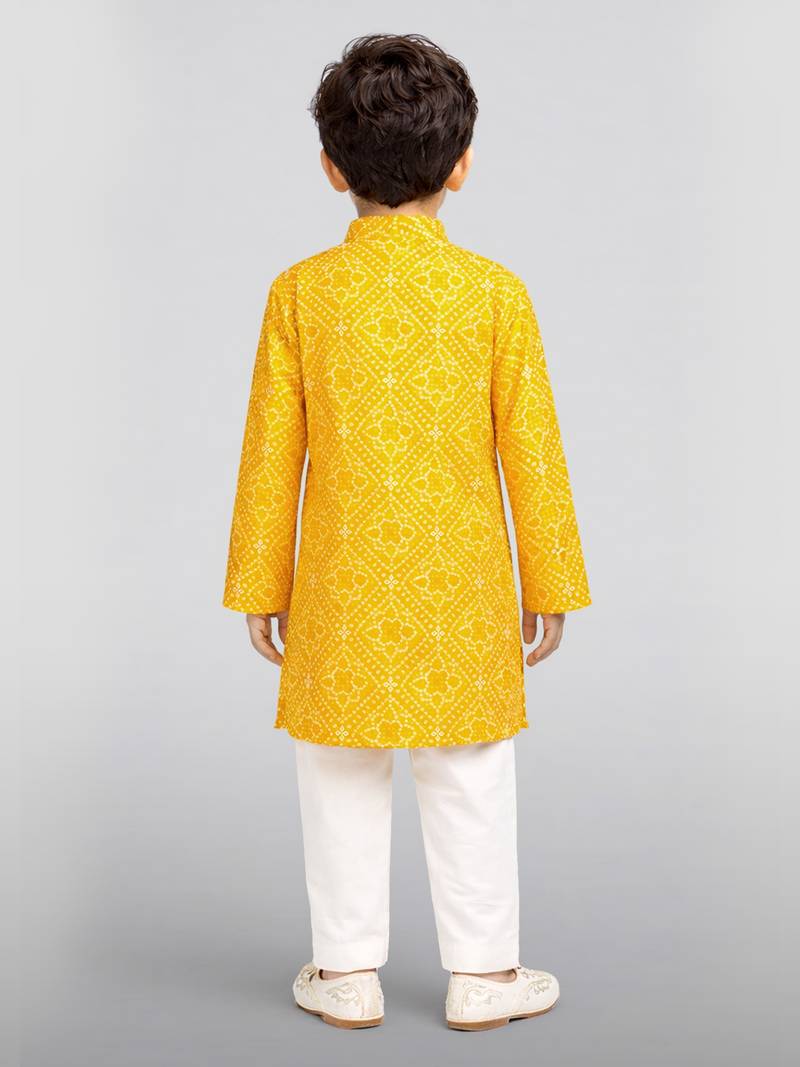 boys yellow cotton cambric bandhani screen print kurta pyjama set