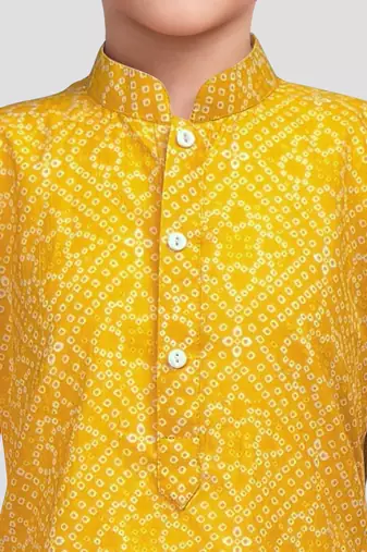 boys yellow cotton kurta pajama with bandhani print