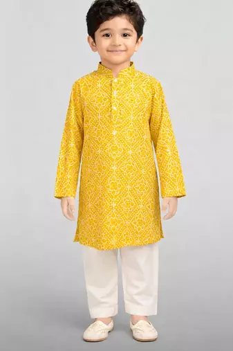 boys yellow cotton kurta pajama with bandhani print