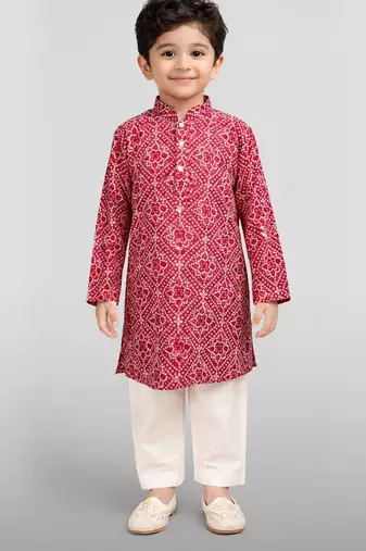 boys red cotton kurta pajama with bandhani print