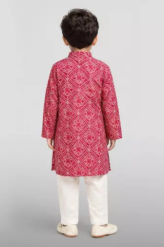 boys red cotton kurta pajama with bandhani print