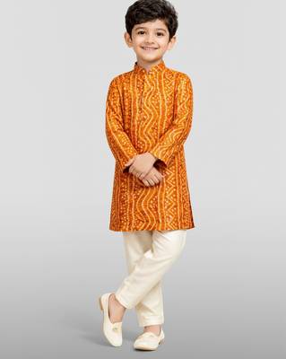 boys orange cotton kurta pajama with bandhani print 1