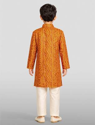 boys orange cotton kurta pajama with bandhani print 4