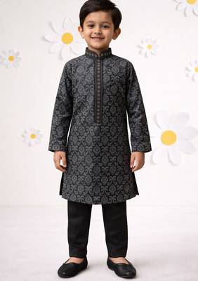boys black silk blend printed kurta pyjama set 1