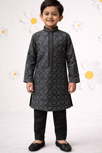 boys black silk blend printed kurta pyjama set