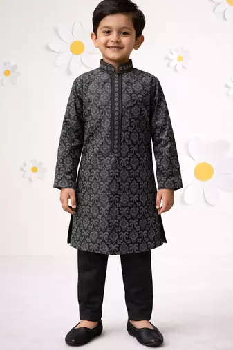 boys black silk blend printed kurta pyjama set
