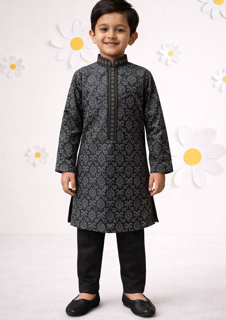 boys black silk blend printed kurta pyjama set
