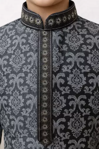 boys black silk blend printed kurta pyjama set