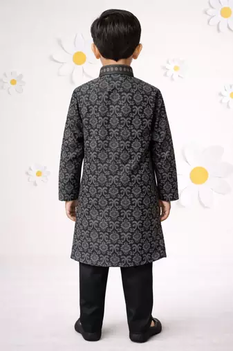 boys black silk blend printed kurta pyjama set