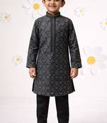 boys black silk blend printed kurta pyjama set