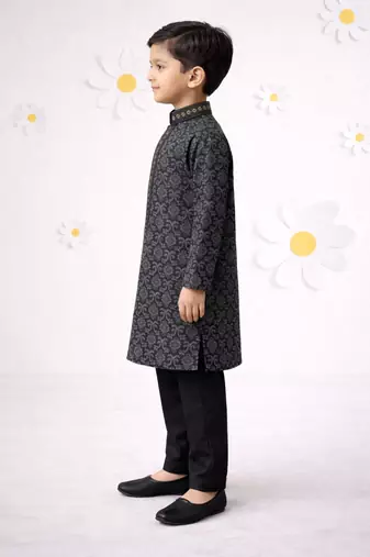 boys black silk kurta pajama with printed work