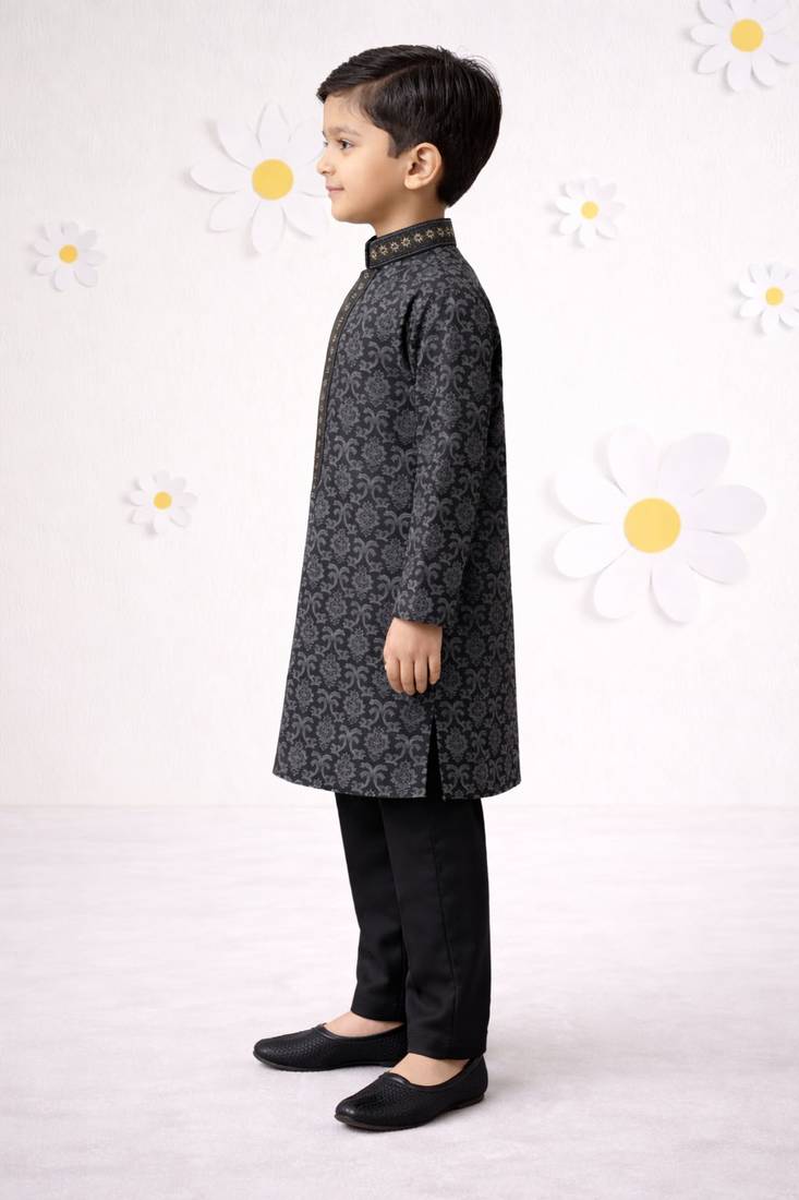 boys black silk blend printed kurta pyjama set