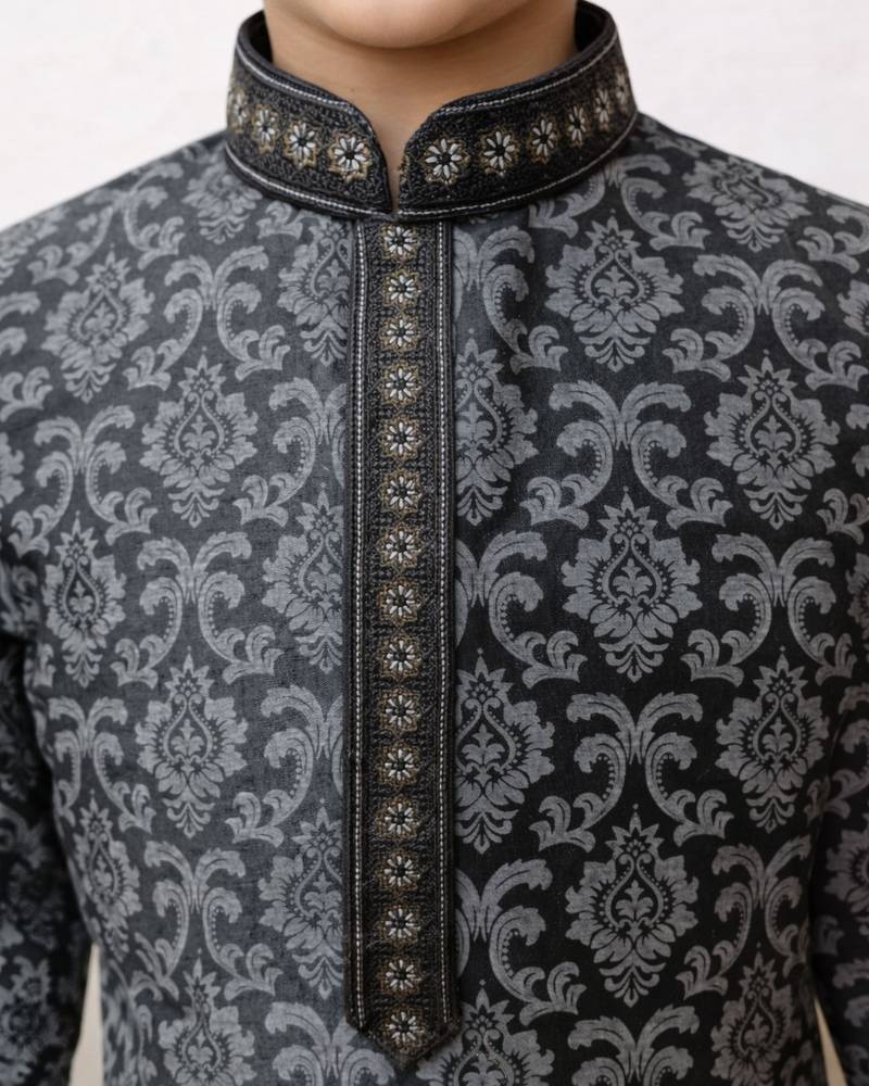 boys black silk blend printed kurta pyjama set