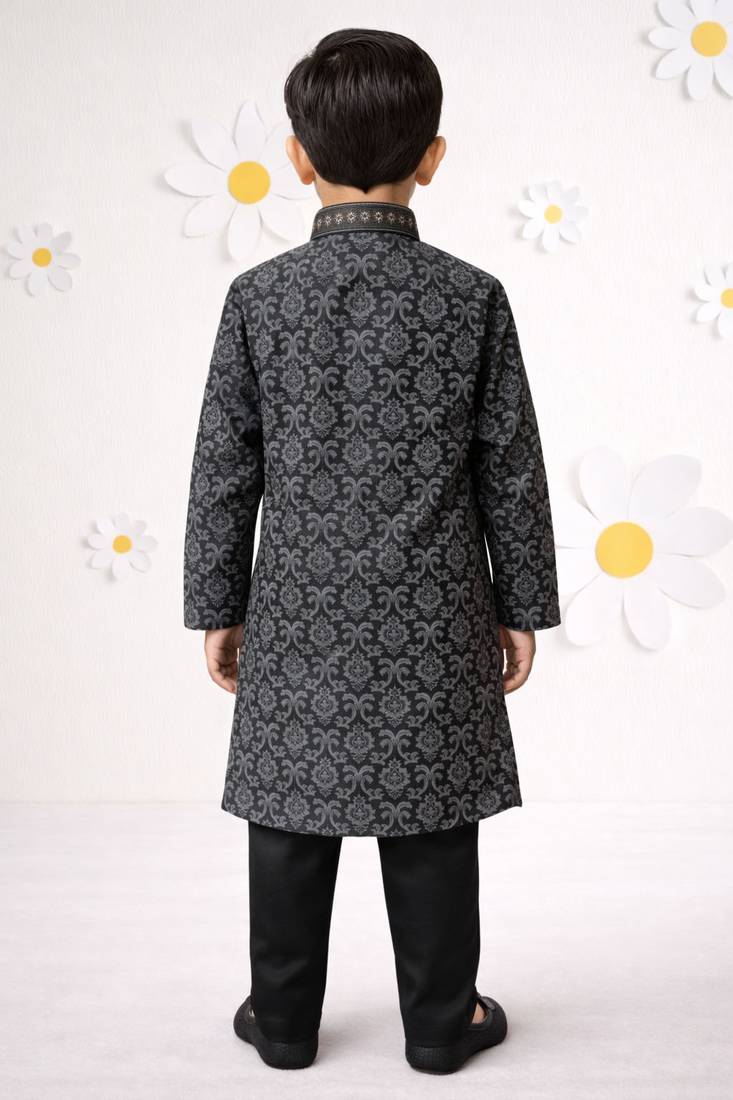 boys black silk blend printed kurta pyjama set