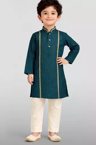 boys turquoise modal chanderi zari embroidered kurta pyjama set