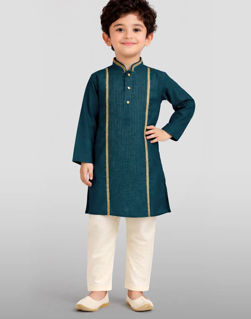 boys turquoise modal chanderi zari embroidered kurta pyjama set