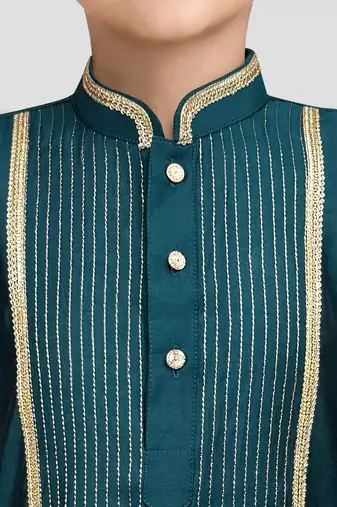 boys turquoise modal chanderi kurta pajama with zari work