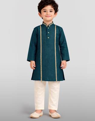 boys turquoise modal chanderi kurta pajama with zari work 3