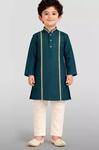 boys turquoise modal chanderi kurta pajama with zari work