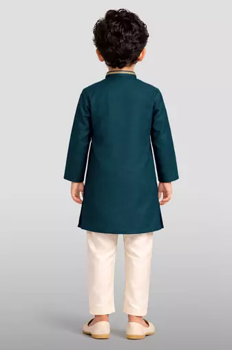 boys turquoise modal chanderi kurta pajama with zari work