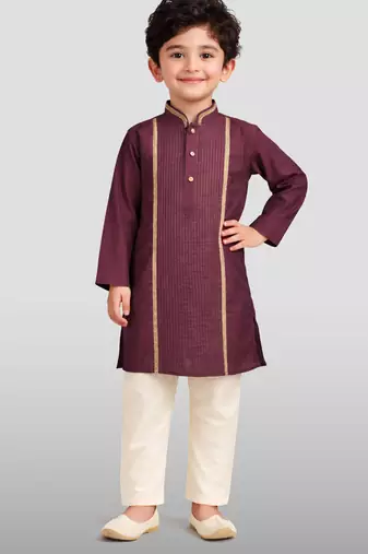 boys wine modal chanderi zari embroidered kurta pyjama set