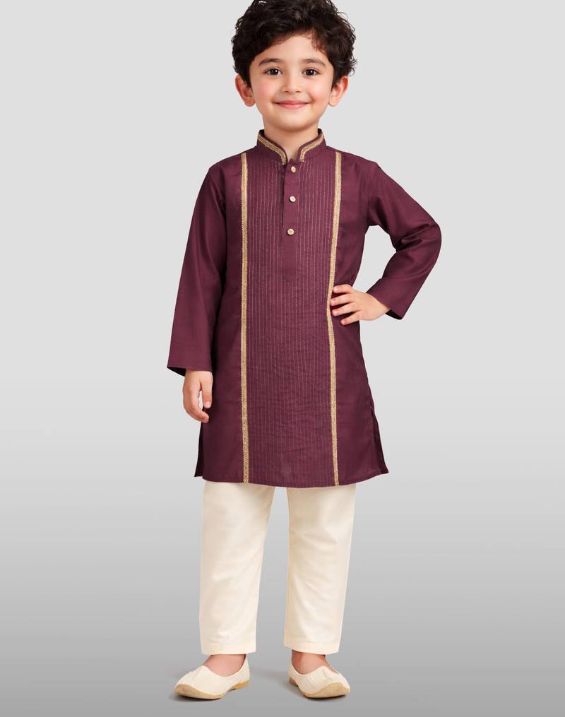 boys wine modal chanderi zari embroidered kurta pyjama set