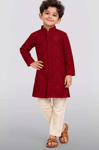 boys maroon hakoba cotton thread embroidered kurta pyjama set