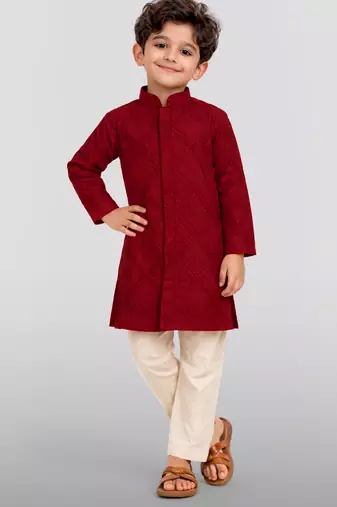 boys maroon hakoba cotton thread embroidered kurta pyjama set