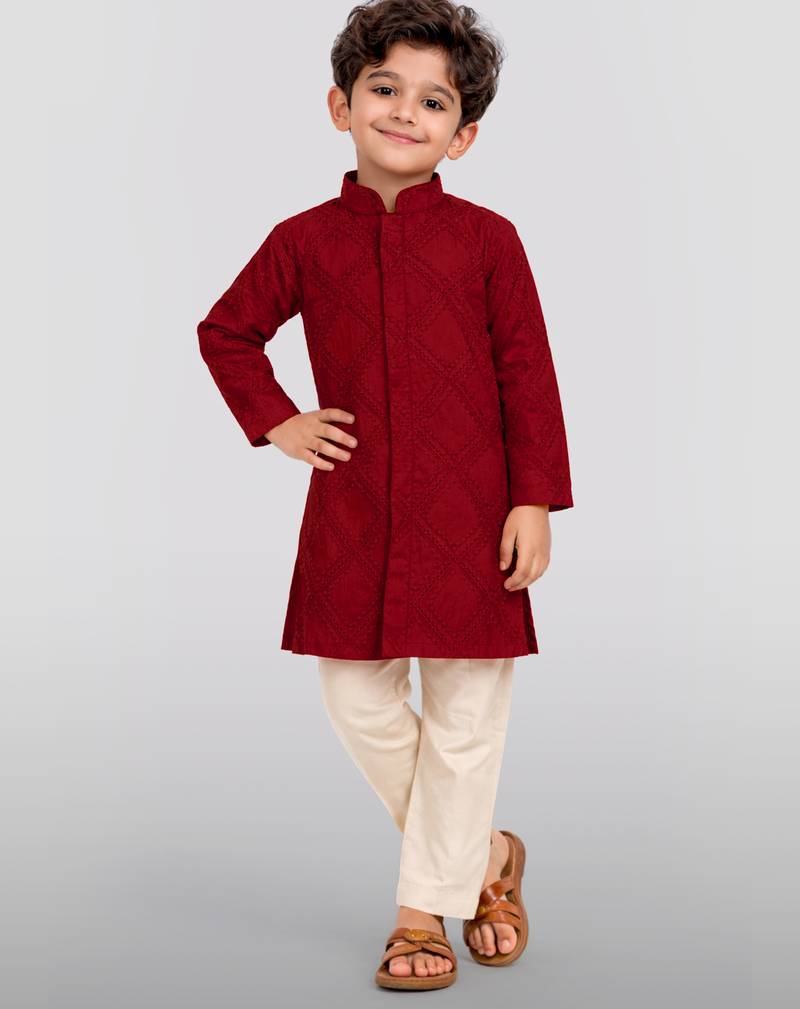 boys maroon hakoba cotton thread embroidered kurta pyjama set