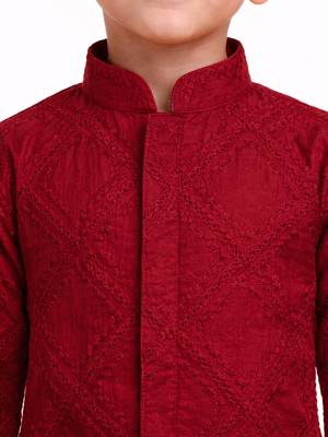 boys maroon hakoba cotton thread embroidered kurta pyjama set 2