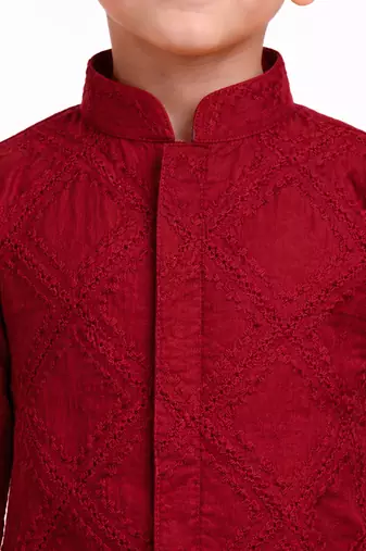 boys maroon hakoba cotton thread embroidered kurta pyjama set