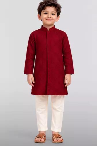 boys maroon hakoba cotton thread embroidered kurta pyjama set