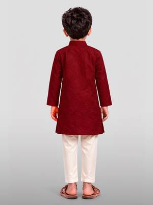 boys maroon hakoba cotton thread embroidered kurta pyjama set 4
