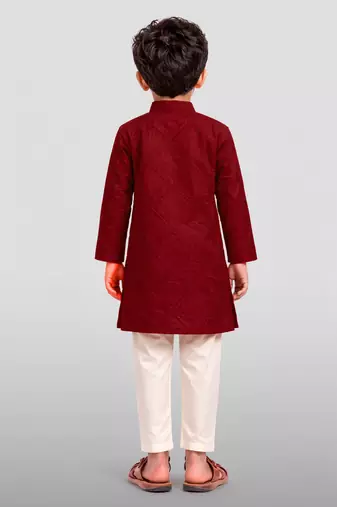 boys maroon hakoba cotton thread embroidered kurta pyjama set