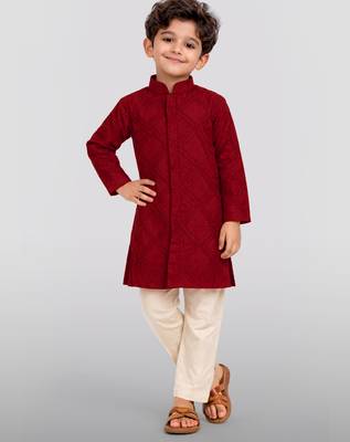 boys maroon hakoba cotton kurta pajama with embroidery 1