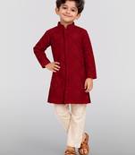 boys maroon hakoba cotton thread embroidered kurta pyjama set