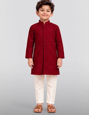 boys maroon hakoba cotton kurta pajama with embroidery 3