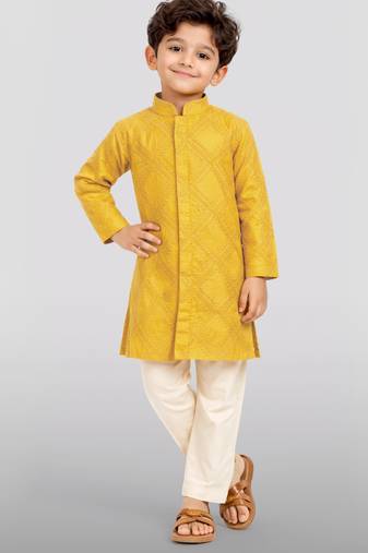 boys yellow hakoba cotton thread embroidered kurta pyjama set
