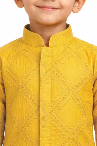 boys yellow hakoba cotton thread embroidered kurta pyjama set