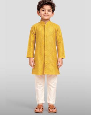 boys yellow hakoba cotton thread embroidered kurta pyjama set 3
