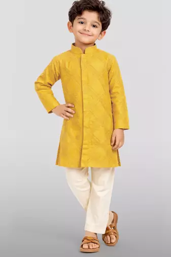 boys yellow hakoba cotton thread embroidered kurta pyjama set