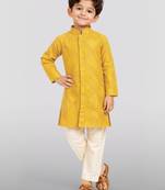 boys yellow hakoba cotton thread embroidered kurta pyjama set