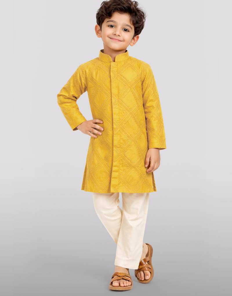 boys yellow hakoba cotton thread embroidered kurta pyjama set