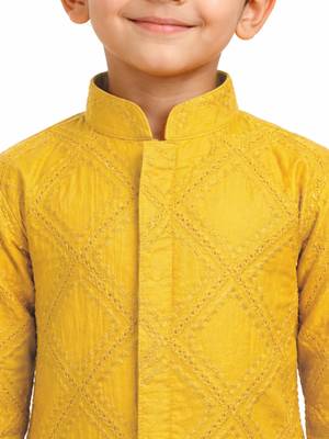 boys yellow hakoba cotton kurta pajama with embroidery 2