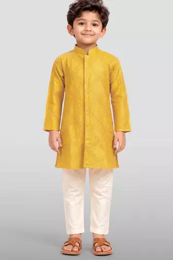 boys yellow hakoba cotton kurta pajama with embroidery