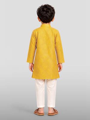 boys yellow hakoba cotton kurta pajama with embroidery 4