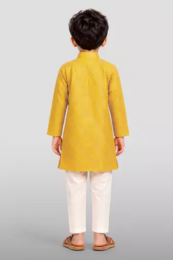 boys yellow hakoba cotton kurta pajama with embroidery